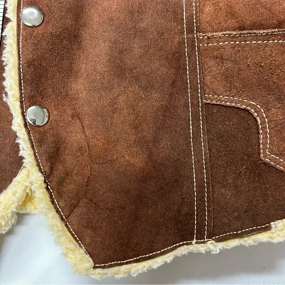 Vintage Genuine Suede Leather Faux Sherpa Vest Snaps Pockets Brown Unisex Large - Picture 14 of 16